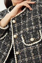 Black Plaid Tweed Fake Flap Pocket Jacket & Skirt Two-Piece Set