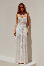 Sheer Lace Ruched Halter Wrap Dress