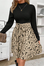 Black Ribbed Knit Patchwork Printed Belted A - line Dress