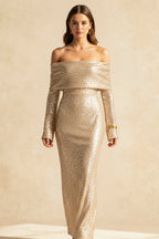 Sequin Long Sleeve Charming Off-Shoulder Maxi Dress