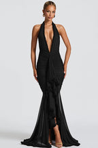 Mesh Panel Halter V Neck Backless Elegant Party Dress