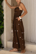 Polka Dot Print Spaghetti Strap Pleated Waist Casual Pocket Maxi Dress