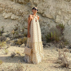Beige Cross-Strappy Tip Floral Texture Midi Dress