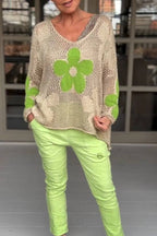 Floral Knitted Hollow V-neck Shirt Floral Mesh Sweater