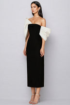 Delilah Bow Off-Shoulder Asymmetrical Midi Dress