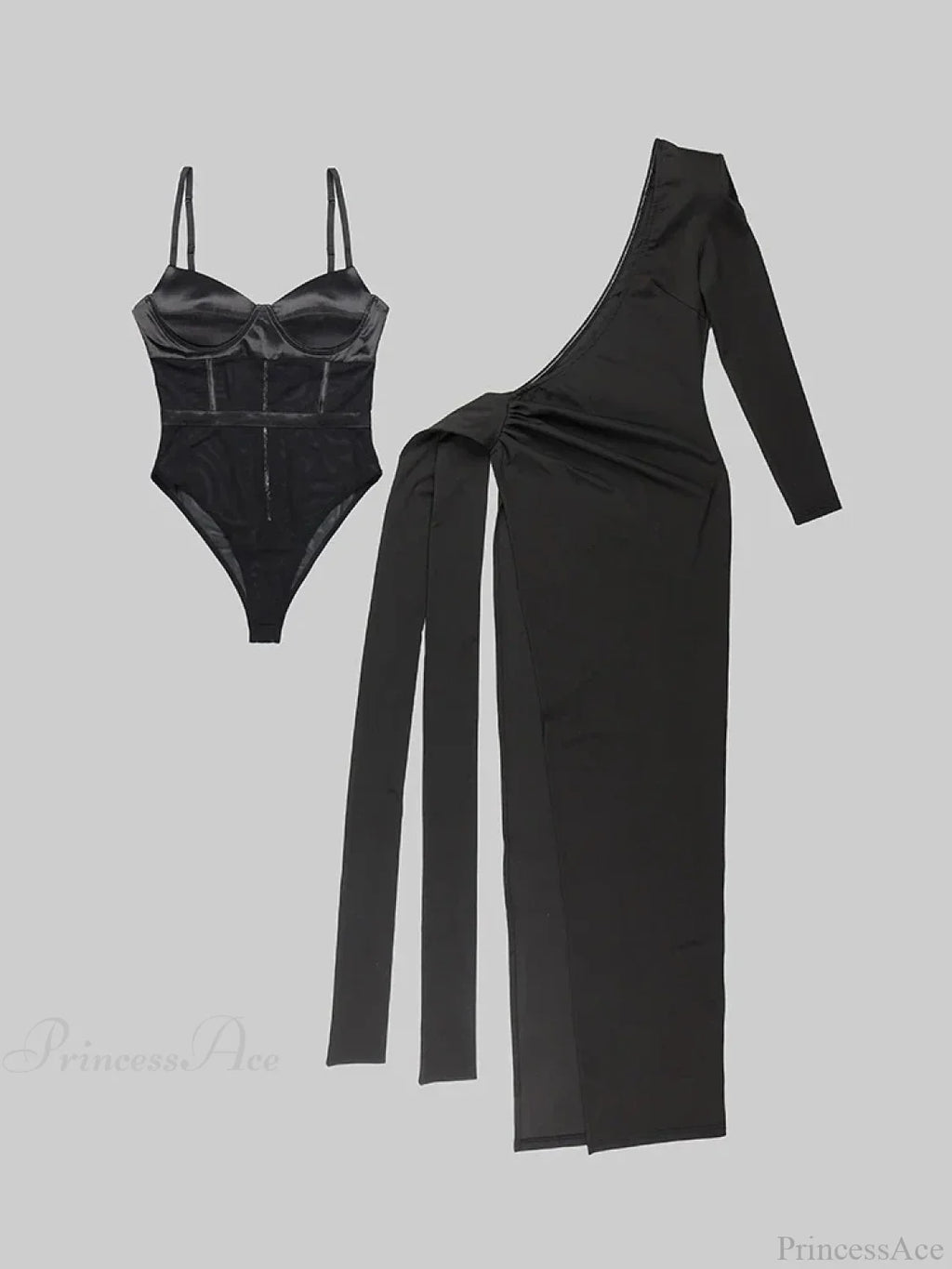 Black 2 Piece Set Sexy One Shoulder Long Ruched Elegant Party Dress