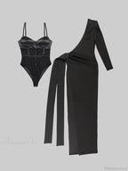 Black 2 Piece Set Sexy One Shoulder Long Ruched Elegant Party Dress