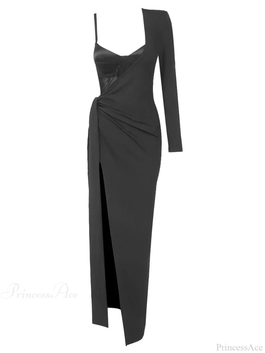 Black 2 Piece Set Sexy One Shoulder Long Ruched Elegant Party Dress