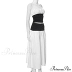 Black and White Patchwork Tube Trendy Top And Slit Long Skirt Set