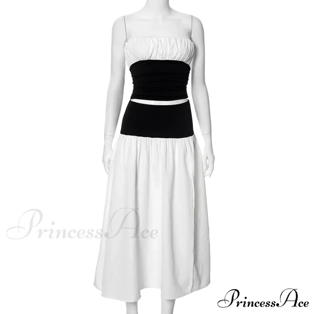 Black and White Patchwork Tube Trendy Top And Slit Long Skirt Set