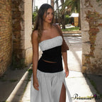 Black and White Patchwork Tube Trendy Top And Slit Long Skirt Set
