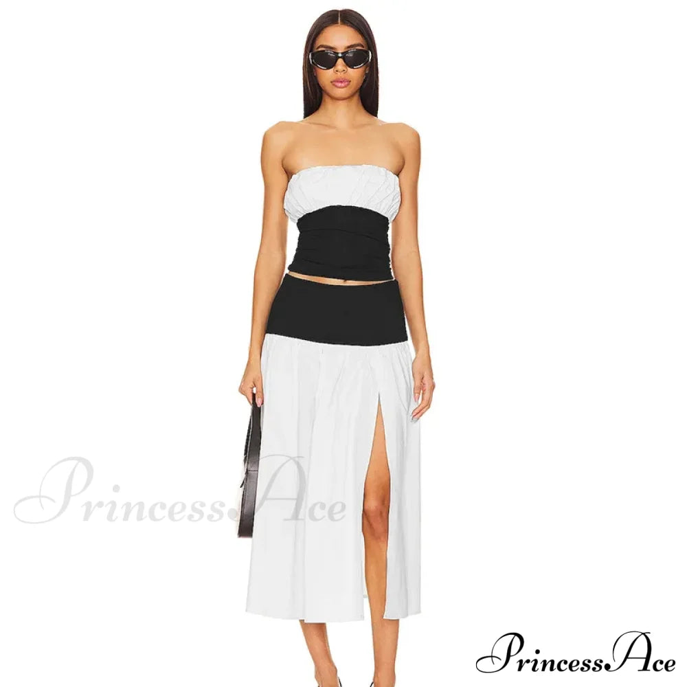 Black and White Patchwork Tube Trendy Top And Slit Long Skirt Set