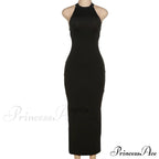 Black Backless Halter Elegant Bandage Maxi Dress