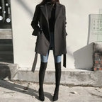 Black Blazer Wool Blend Lace-Up Overcoat