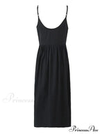 Black Bow Solid Charming Strap Midi Dress