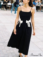 Black Bow Solid Charming Strap Midi Dress