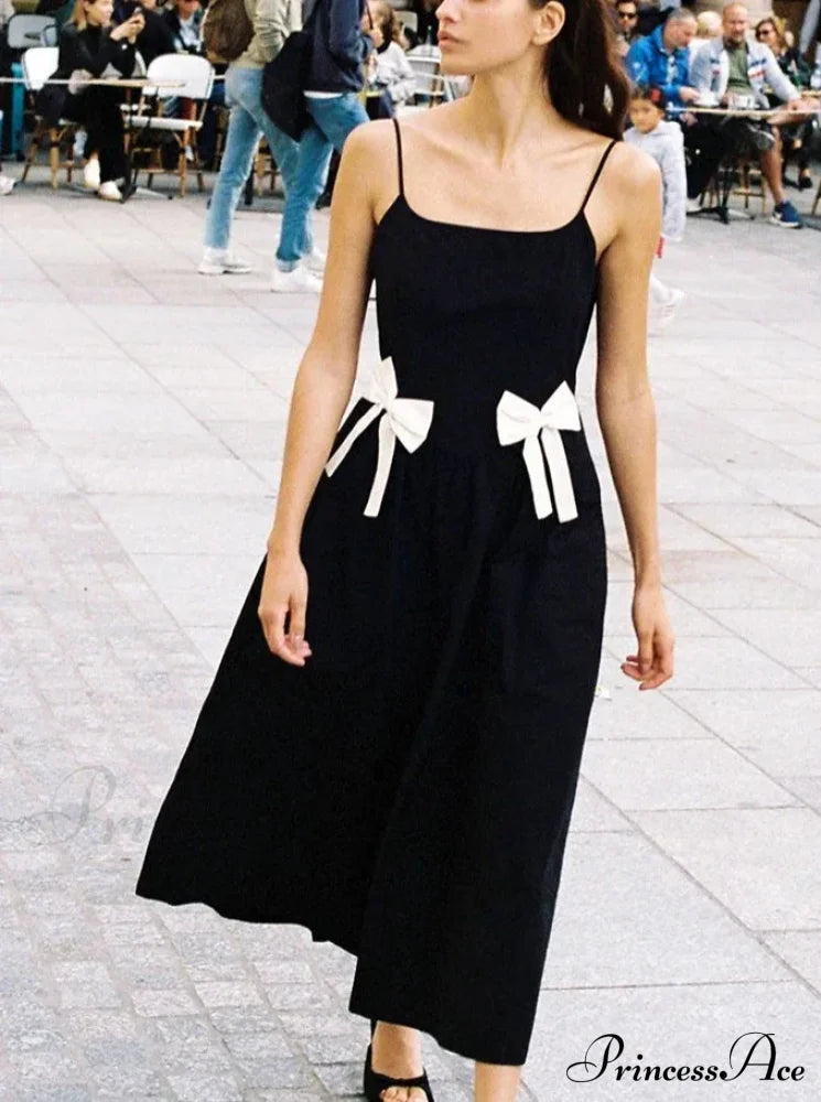 Black Bow Solid Charming Strap Midi Dress