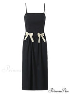 Black Bow Solid Charming Strap Midi Dress