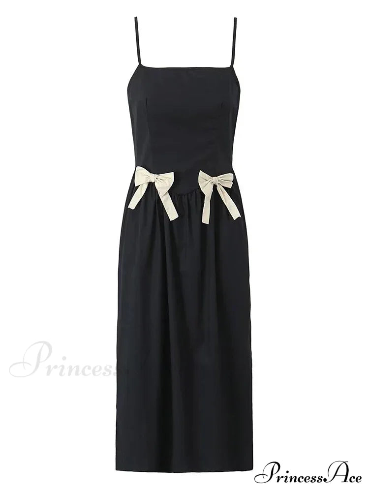 Black Bow Solid Charming Strap Midi Dress