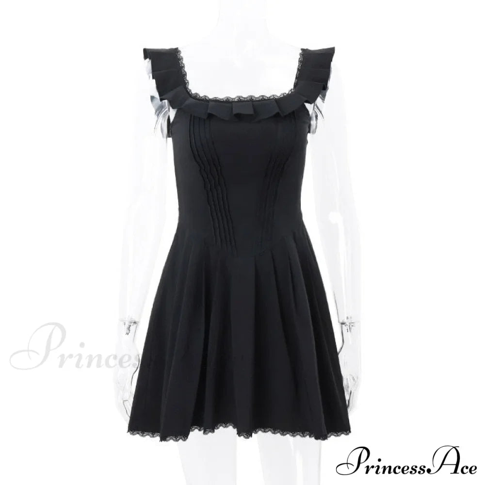 Black Corset Square Neck Graceful Frill Strap Mini Dress