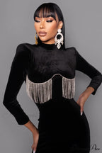 Black Crystal Fringe Charming Velvet Mini Dress