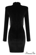 Black Crystal Fringe Charming Velvet Mini Dress