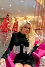 Black Crystal Fringe Charming Velvet Mini Dress