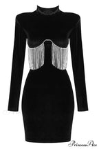 Black Crystal Fringe Charming Velvet Mini Dress