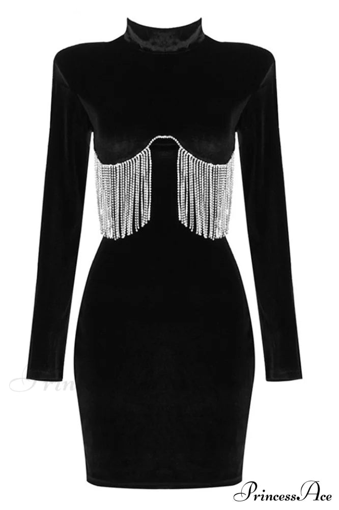 Black Crystal Fringe Charming Velvet Mini Dress