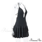 Black Deep V-neck Charming Backless Frill Mini Dress