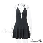 Black Deep V-neck Charming Backless Frill Mini Dress