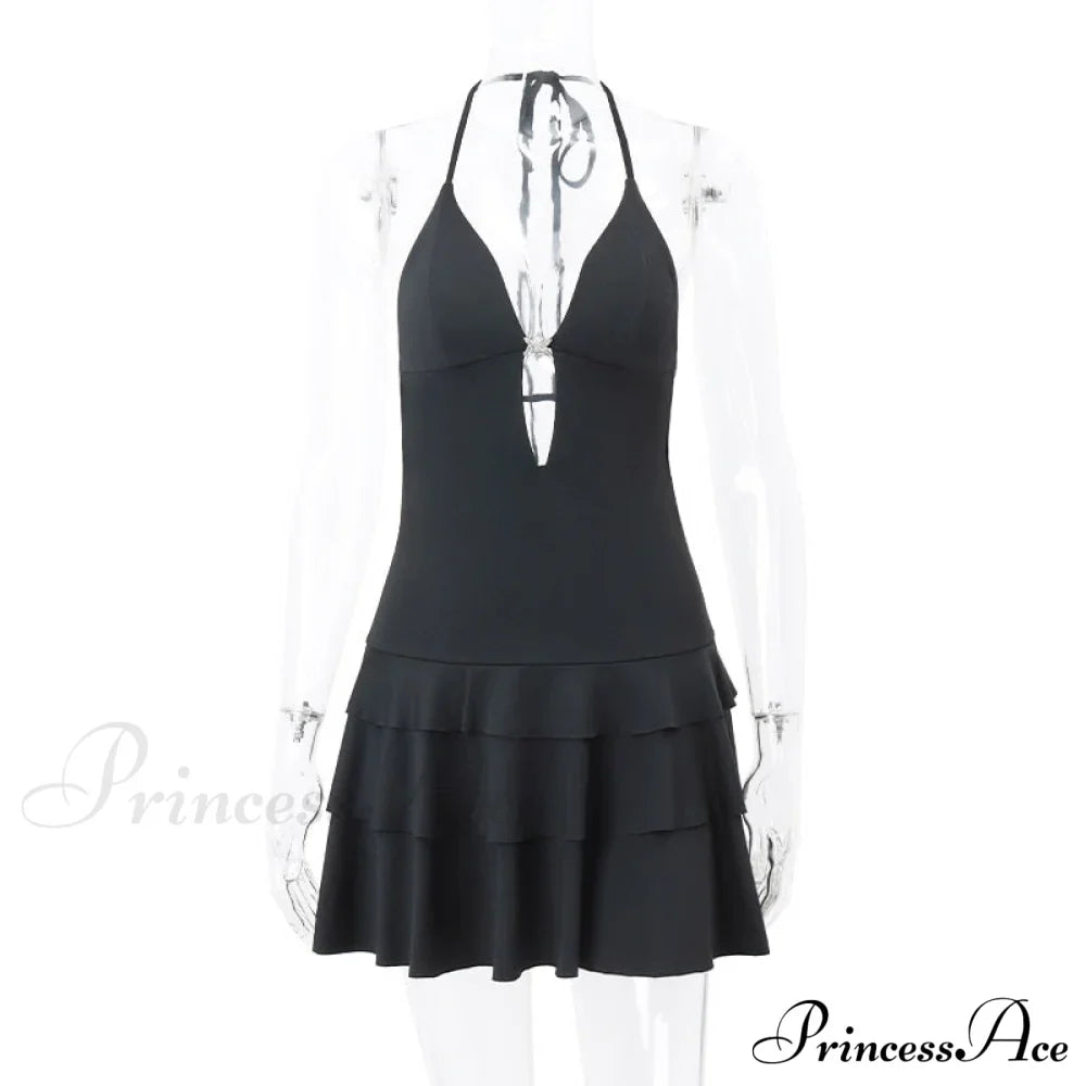 Black Deep V-neck Charming Backless Frill Mini Dress