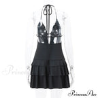 Black Deep V-neck Charming Backless Frill Mini Dress