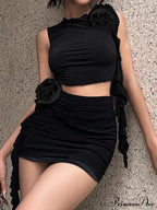 Black Distressed Knit Trendy Two Piece Set