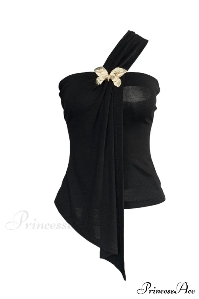 Black Draped Top Charming With An Asymmetrical Cut