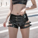 Black Elastic Artificial Leather Short
