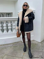 Black Faux Leather Charming Fur Lining Coat