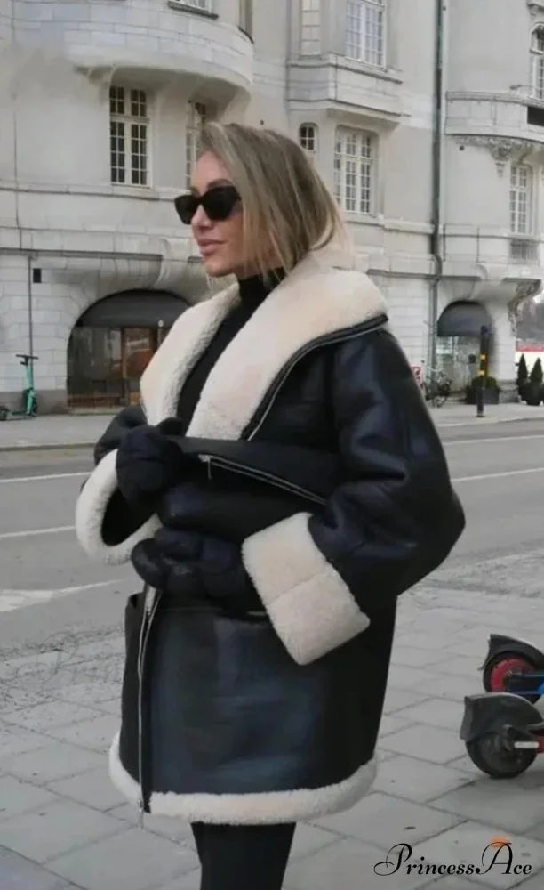 Black Faux Leather Charming Fur Lining Coat