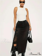 Black Flap Pockets Denim Midi Skirt Raw Hem Distressed Washed Cargo Denim Skirt Jean