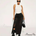 Black Flap Pockets Denim Midi Skirt Raw Hem Distressed Washed Cargo Denim Skirt Jean