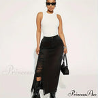 Black Flap Pockets Denim Midi Skirt Raw Hem Distressed Washed Cargo Denim Skirt Jean