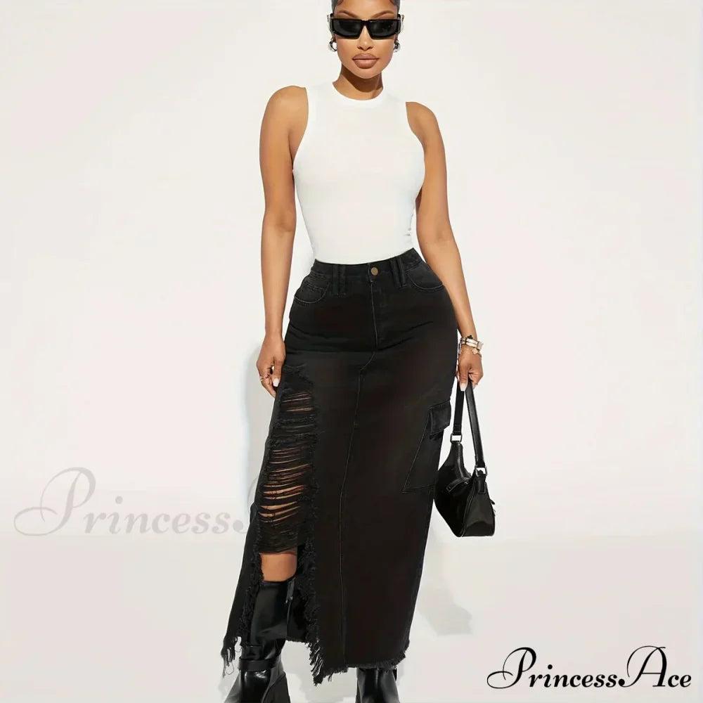 Black Flap Pockets Denim Midi Skirt Raw Hem Distressed Washed Cargo Denim Skirt Jean