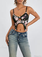 Black Floral Deep V Spaghetti Strap Backless Crop
