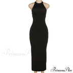 Black Halter Backless Maxi Graceful Dress With Back Straps