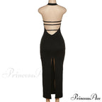 Black Halter Backless Maxi Graceful Dress With Back Straps