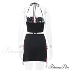 Black Halter Bow Tie Up Trendy Top And Mini Skirt Set