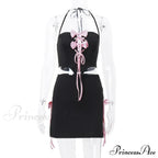 Black Halter Bow Tie Up Trendy Top And Mini Skirt Set