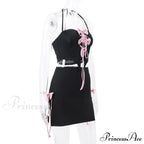 Black Halter Bow Tie Up Trendy Top And Mini Skirt Set
