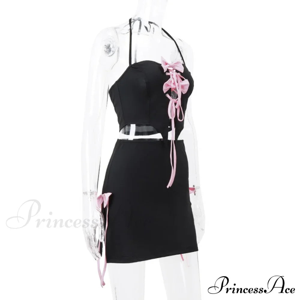 Black Halter Bow Tie Up Trendy Top And Mini Skirt Set