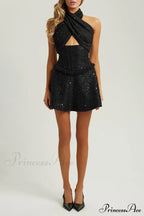 Black Halter Corset Trendy Sequin Tweed Mini Dress